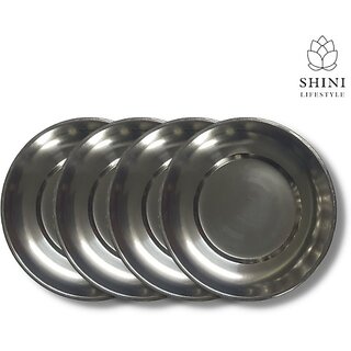 SHINI LIFESTYLE Steel Halva Plates, Old Style Breakfast Plates / Poha Plate, 14 cm Quarter Plate (Pack of 4)