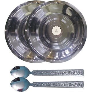                       SHINI LIFESTYLE Stainless Steel Plate for dining, laser design Rice Plate 2pc with Spoon Set Dinner Plate (Pack of 4)                                              