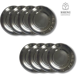 SHINI LIFESTYLE Steel Halva Plates, Old Style Breakfast Plates / Poha Plate, 14 cm Quarter Plate (Pack of 8)