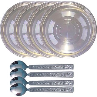                       SHINI LIFESTYLE Steel Laser Halva Plates,Breakfast Plates,Quarter Plate 4pc with spoon set Dinner Plate (Pack of 4)                                              