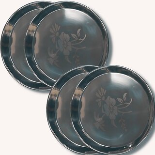                       SHINI LIFESTYLE Stainless Steel Plate, Floral design, steel Tableware steel dinnerware Dinner Plate (Pack of 4)                                              