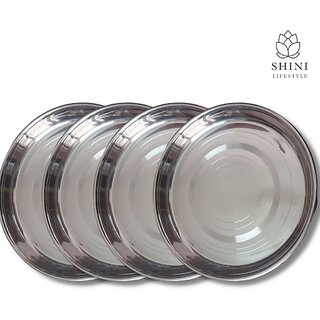                       SHINI LIFESTYLE Stainless Steel Plate, khumcha, Thali, dinner plate Laser Design Dinner Plate (Pack of 4)                                              