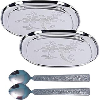                       SHINI LIFESTYLE Plates for dining, floral design, Laser design, Dinner Plate 2pc with Spoon Set Dinner Plate (Pack of 2)                                              
