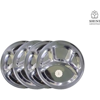                       SHINI LIFESTYLE Stainless Steel Lunch/Dinner Plate/Bhojan Thali/Sectioned Plate Dinner Plate (Pack of 4)                                              