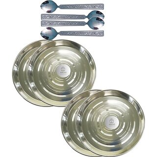                       SHINI LIFESTYLE Steel Serving Plate, Dinner Plates set, Lunch Plates 4pc with Table spoon set Dinner Plate (Pack of 4)                                              