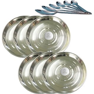                       SHINI LIFESTYLE Steel Serving Plate, Dinner Plates set, Lunch Plates 6pc with Table spoon set Dinner Plate (Pack of 6)                                              