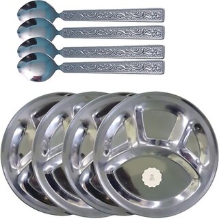                       SHINI LIFESTYLE Bhojan Thal 4 column, Steel Plate for dining, Sectioned Thali 4pc with Spoon Set Dinner Plate (Pack of 4)                                              