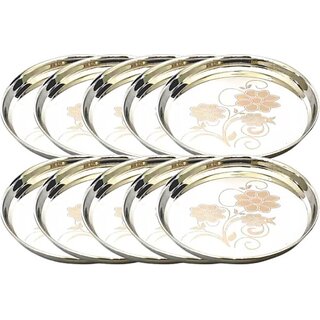                       SHINI LIFESTYLE Stainless Steel Flower Design Dinner Plate/Thali,Bhojan Thali (30cm) Quarter Plate (Pack of 10)                                              