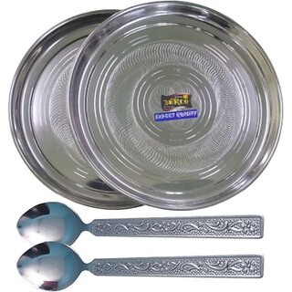                       SHINI LIFESTYLE Stainless Steel Plate, Heavy gauge, laser design, Dinner Plate 2pc with SpoonSet Dinner Plate (Pack of 2)                                              