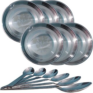                       SHINI LIFESTYLE Stainless steel floral Dinner Plate (Pack of 6) with Table Spoon Set Dinner Plate (Pack of 12)                                              