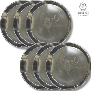                       SHINI LIFESTYLE Stainless Steel Plate, khumcha Thali, Floral design, dinner plate 6pc Dinner Plate (Pack of 6)                                              