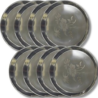                       SHINI LIFESTYLE Stainless Steel Plate, khumcha Thali, Floral design, dinner plate 8pc Dinner Plate (Pack of 8)                                              