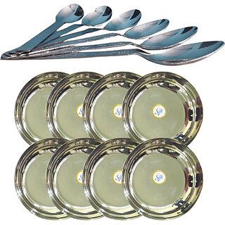                       SHINI LIFESTYLE Stainless Steel Dessert Plate Set, Halwa Plate 8pc with spoon set Dinner Plate (Pack of 8)                                              