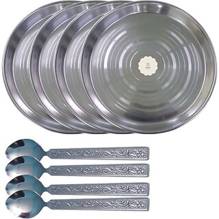                       SHINI LIFESTYLE Stainless Steel Plate, Round, laser design,Dining Dinner Plate 4pc with SpoonSet Dinner Plate (Pack of 4)                                              