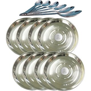                       SHINI LIFESTYLE Steel Serving Plate, Dinner Plates set, Lunch Plates 8pc with Table spoon set Dinner Plate (Pack of 8)                                              