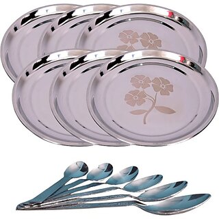                       SHINI LIFESTYLE Steel Heavy Gauge Dinner Plates, Lunch Plates Dinner Set 6pc with spoon set Dinner Plate (Pack of 6)                                              