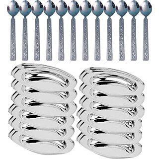                       SHINI LIFESTYLE Stainless Steel Oval Plate,Subzi Plate,Chat Plate 12pc with Table spoon set Dinner Plate (Pack of 24)                                              