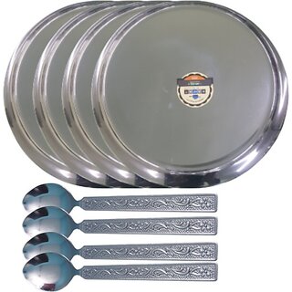                       SHINI LIFESTYLE Stainless Steel Supreme Quality Dinner Plate 4pc with Spoon Set Dinner Plate (Pack of 4)                                              