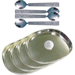                       SHINI LIFESTYLE Steel plate set,Dinner Plate,Khumcha Thali, Lunch Plate 4pc with Table Spoon Set Dinner Plate (Pack of 8)                                              