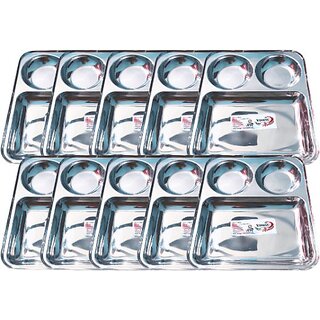                       SHINI LIFESTYLE Premium Quality Stainless Steel Dinner Plates/Bhojan Thali Steel Plate Sectioned Plate (Pack of 10)                                              