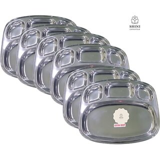                       SHINI LIFESTYLE Stainless Steel Lunch Dinner Plate/Bhojan Thali steel Dining Set Sectioned Plate (Pack of 6)                                              