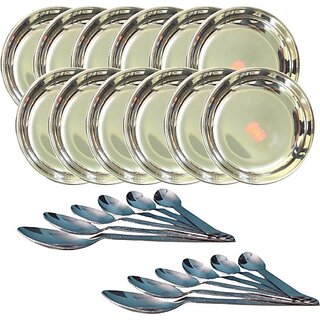                       SHINI LIFESTYLE Stainless Steel Plate of 26 cm for dining/laser design Plates 12pc with SpoonSet Dinner Plate (Pack of 24)                                              