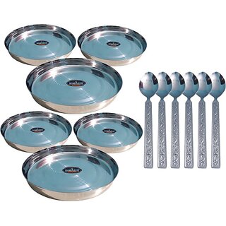                       SHINI LIFESTYLE PLATE THALI Dinner Plate, steel plate, laser design 6pc with Table Spoon Set Dinner Plate (Pack of 6)                                              