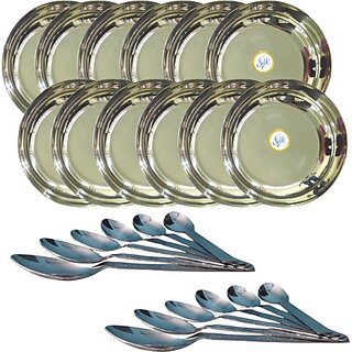                       SHINI LIFESTYLE Stainless Steel Dessert Plate Set, Halwa Plate 12pc with spoon set Dinner Plate (Pack of 24)                                              