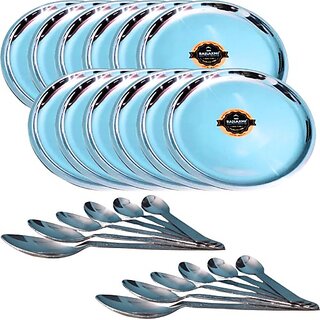                       SHINI LIFESTYLE Stainless Steel Dinner Plate/Dessert Plate/Halwa Plate Set 12pc with spoon set Dinner Plate (Pack of 12)                                              