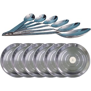                       SHINI LIFESTYLE Stainless Steel Plate, Round, Stainless , Dining Dinner Plate 6pc with Spoon Set Dinner Plate (Pack of 12)                                              