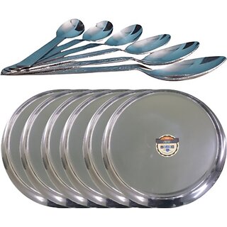                       SHINI LIFESTYLE Stainless Steel Heavy gauge Plate, Dinner Plate 6pc with Spoon Set Dinner Plate (Pack of 6)                                              