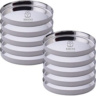                       SHINI LIFESTYLE Stainless Steel Thali, Plate for Lunch/Dinner heavy Weight Quality Round Plates Dinner Plate (Pack of 10)                                              