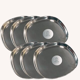                       SHINI LIFESTYLE Stainless Steel Khumcha thali, steel plates,Snack Plates , Dinner Plate (Pack of 6, Microwave Safe)                                              