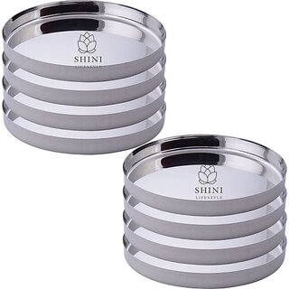                       SHINI LIFESTYLE Stainless Steel Serving Plates for Lunch,Full Size Dinner Plates, Big Thali Dinner Plate (Pack of 8)                                              