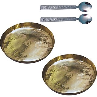 SHINI LIFESTYLE Pure Brass Thali Set For Pooja/Serving Purpose, Brass Plate 2pc with Spoon Set Dinner Plate (Pack of 4)