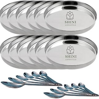                       SHINI LIFESTYLE Steel Lunch/ Bhojan thali, Khumcha thali, Dinner plate 12pc with Table Spoon Set Dinner Plate (Pack of 24)                                              