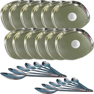                       SHINI LIFESTYLE Stainless Steel Serving Plate,Rice Plate, Dinner plates 12pc with Table SpoonSet Dinner Plate (Pack of 24)                                              