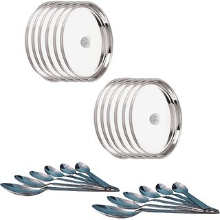                       SHINI LIFESTYLE Steel Dinner Plates Thali Set with Round Extra Deep 12pc with Table Spoon Set Dinner Plate (Pack of 24)                                              