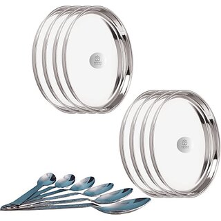                       SHINI LIFESTYLE Steel Traditional Dinner Plate/ Khumcha Thali/ Plates 8pc with Table spoon set Dinner Plate (Pack of 16)                                              