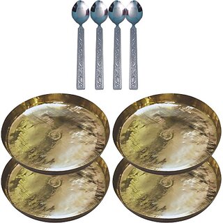 SHINI LIFESTYLE Pure Brass Thali Set For Pooja/Serving Purpose, Brass Plate 4pc with Spoon Set Dinner Plate (Pack of 8)