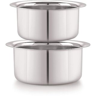                       SHINI LIFESTYLE Stainless Steel Serving Bowl Stainless steel Bhagona, Steel Rounded Patila, milk pot and tope 3L (Pack of 2, Silver)                                              