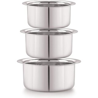                       SHINI LIFESTYLE Stainless Steel Serving Bowl Stainless steel Bhagona, Steel Rounded Patila, milk pot and tope 3L (Pack of 3, Silver)                                              