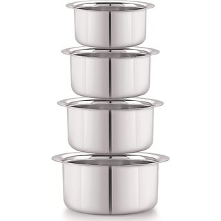                       SHINI LIFESTYLE Stainless Steel Serving Bowl Stainless steel Bhagona, Steel Rounded Patila, milk pot and tope 3L (Pack of 4, Silver)                                              