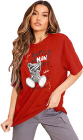 Leotude Red Printed Cotton Blend Round Neck Half Sleeve T-Shirts For Womens