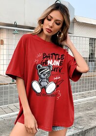 Leotude Red Printed Cotton Blend Round Neck Half Sleeve T-Shirts For Womens