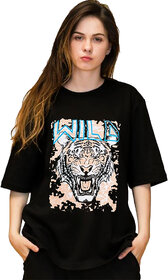 Leotude Black Printed Cotton Blend Round Neck Half Sleeve T-Shirts For Womens