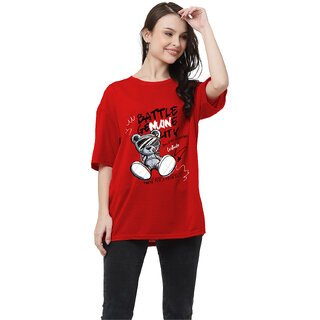                       Leotude Red Printed Cotton Blend Round Neck Half Sleeve T-Shirts For Womens                                              