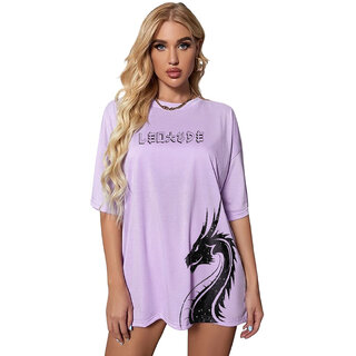                       Leotude Purple Printed Cotton Blend Round Neck Half Sleeve T-Shirts For Womens                                              