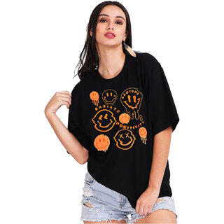                       Leotude Black Printed Cotton Blend Round Neck Half Sleeve T-Shirts For Womens                                              