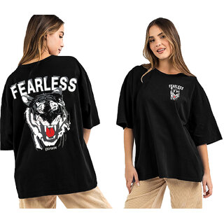 Leotude Black Printed Cotton Blend Round Neck Half Sleeve T-Shirts For Womens